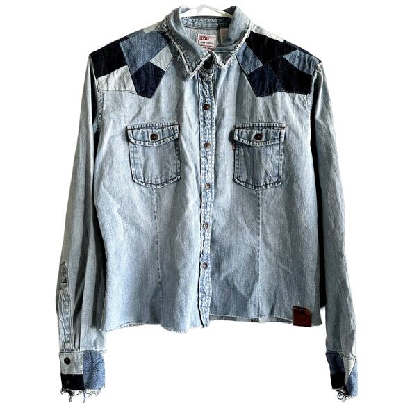 Levis Patchwork Denim Button Down Retro Western Chest Pocket Cotton Blue Large - Picture 1 of 6
